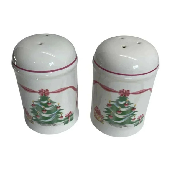 Sango Home For Christmas Tree Pink Ribbon Salt & Pepper Shakers Holiday Vintage - Picture 3 of 4